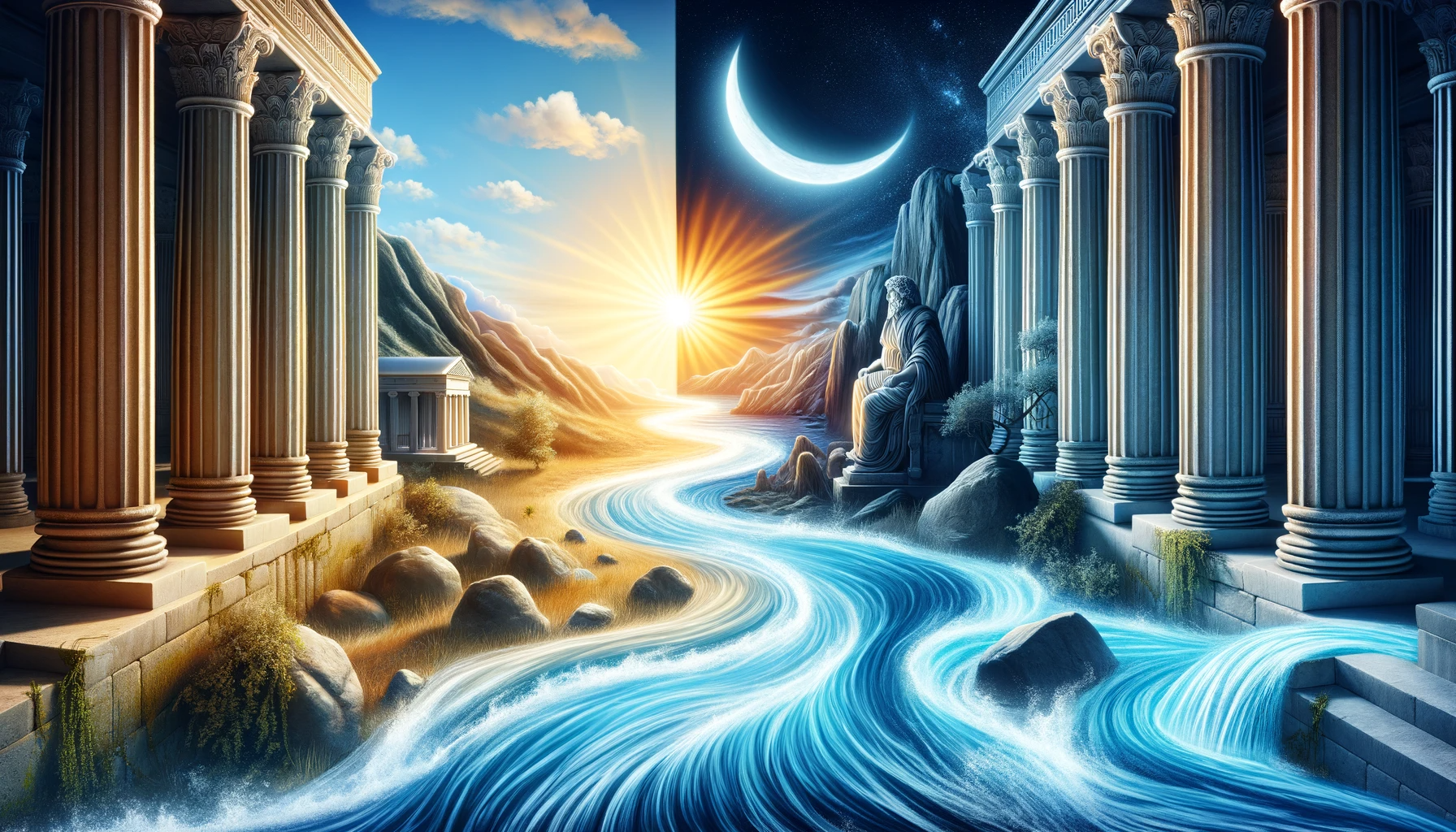 Dall·e An Image Inspired By Heraclitus's Philosophy, Focusing On Themes Of Change And The Unity Of Opposites. The Scene Depicts A Flowing River