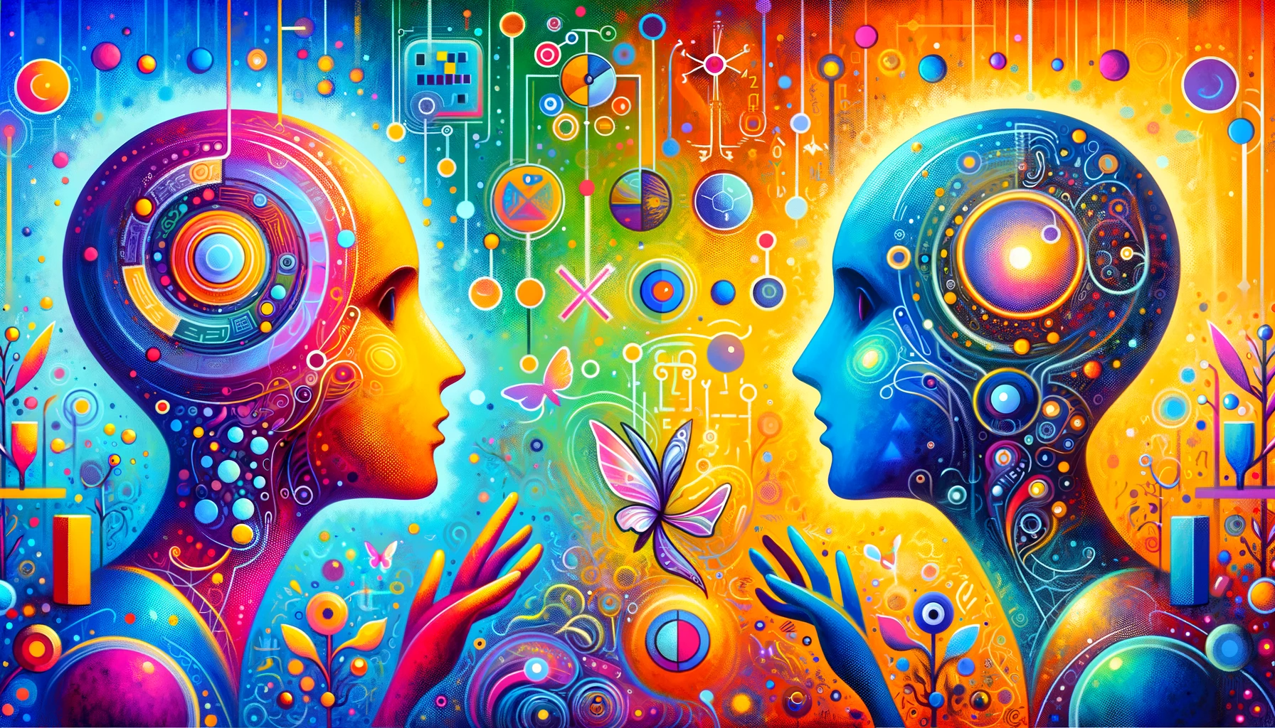 A vibrant, philosophical header image for a blog titled 'Philosophical.Chat'. The image features a whimsical, abstract representation of a conversation
