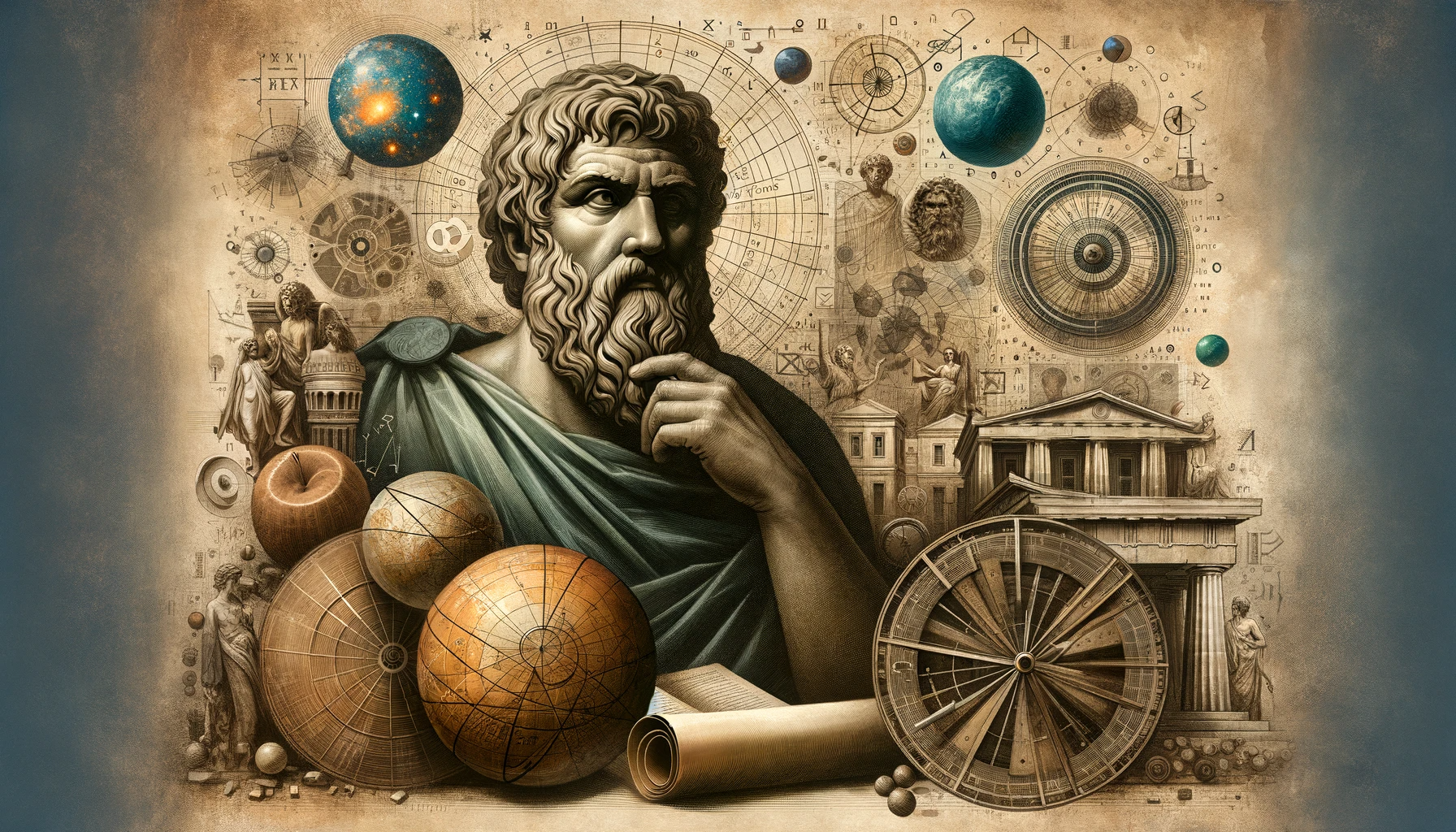 A conceptual and artistic representation of Anaximander, an ancient Greek philosopher, set in a historical Greek setting.