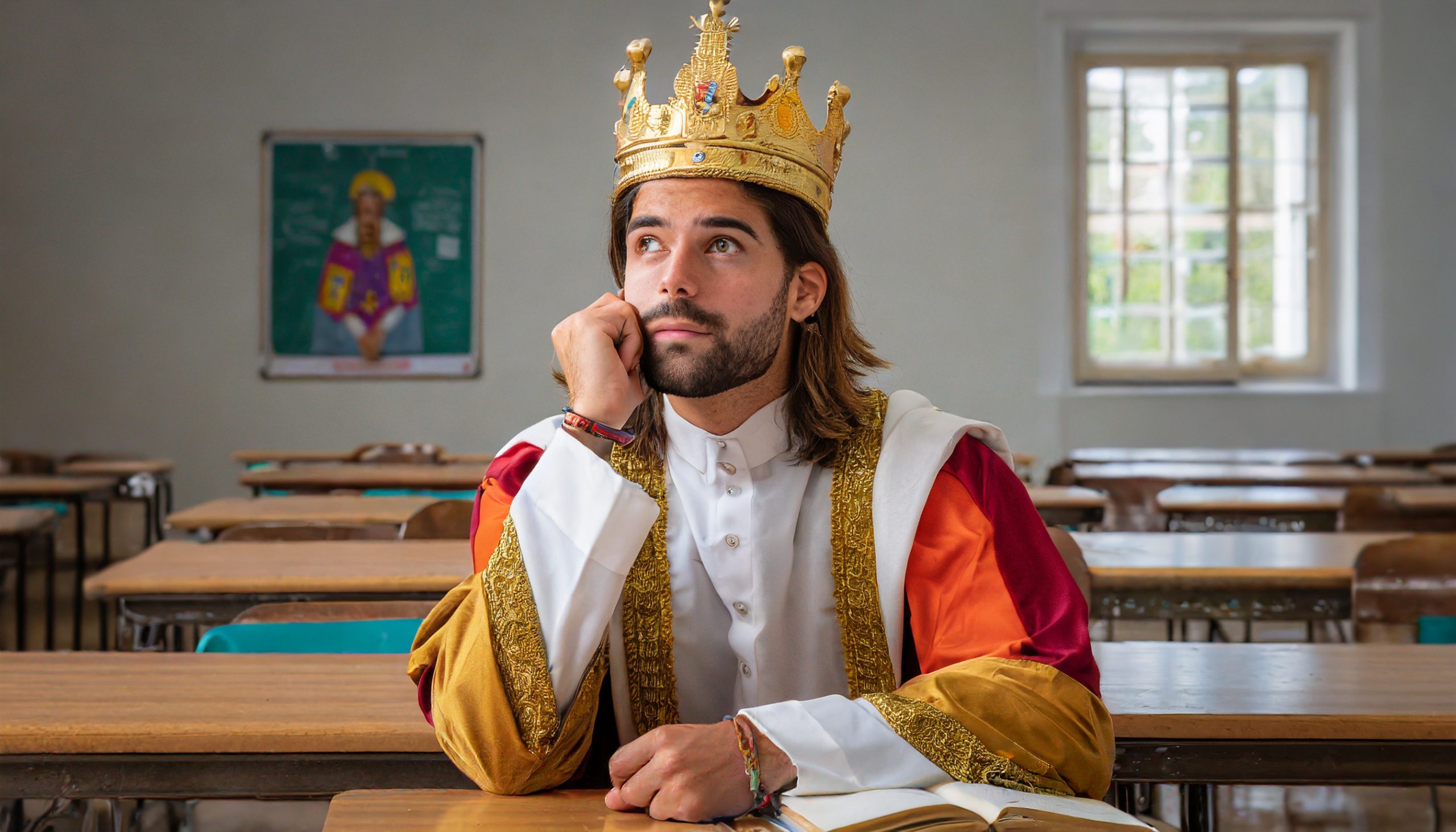 Discruntled king in a classroom.