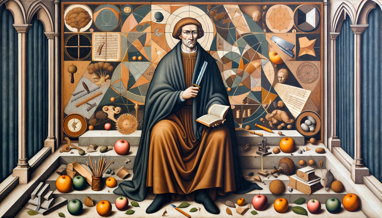 Dall·e 2 A Medieval European Backdrop With A Central Figure Resembling William Of Ockham, Holding A Razor In One Hand And A Book In The Other. The Scene Should