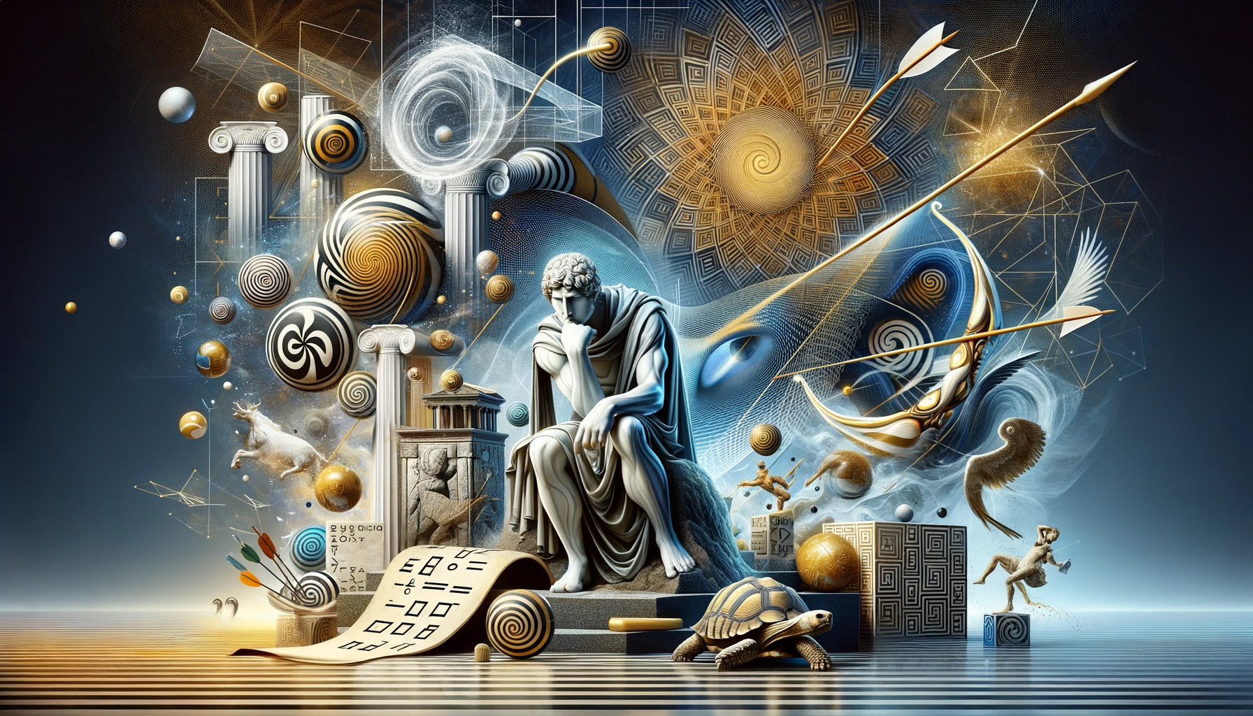 Here is the visual representation inspired by Zeno of Elea's paradoxes, capturing the essence of ancient Greek philosophy blended with modern abstract art. This image illustrates the enigmatic and intellectually challenging nature of Zeno's ideas, providing a visual feast that complements our exploration of his paradoxes.