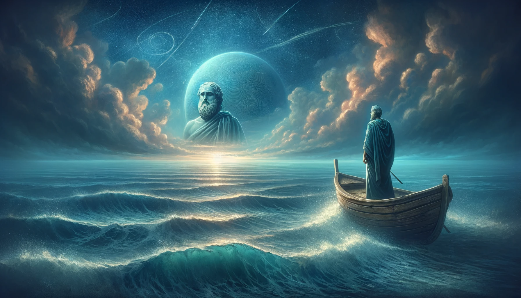 image inspired by the life and philosophy of Pyrrho of Elis. It visually encapsulates the essence of his journey through the seas of skepticism, set against the backdrop of ancient Greece. This image should serve as a compelling and thought-provoking introduction to this article on Pyrrho