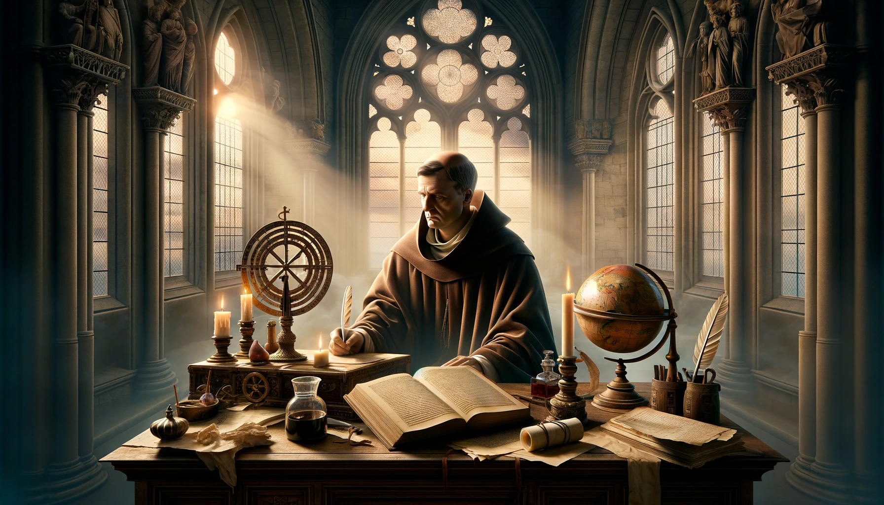 Dall·e 2023 12 19 12.15.45 A Visually Captivating And Artistic Representation Of Thomas Aquinas In A Medieval Setting, Surrounded By Symbols Of Faith And Reason. The Image Featu
