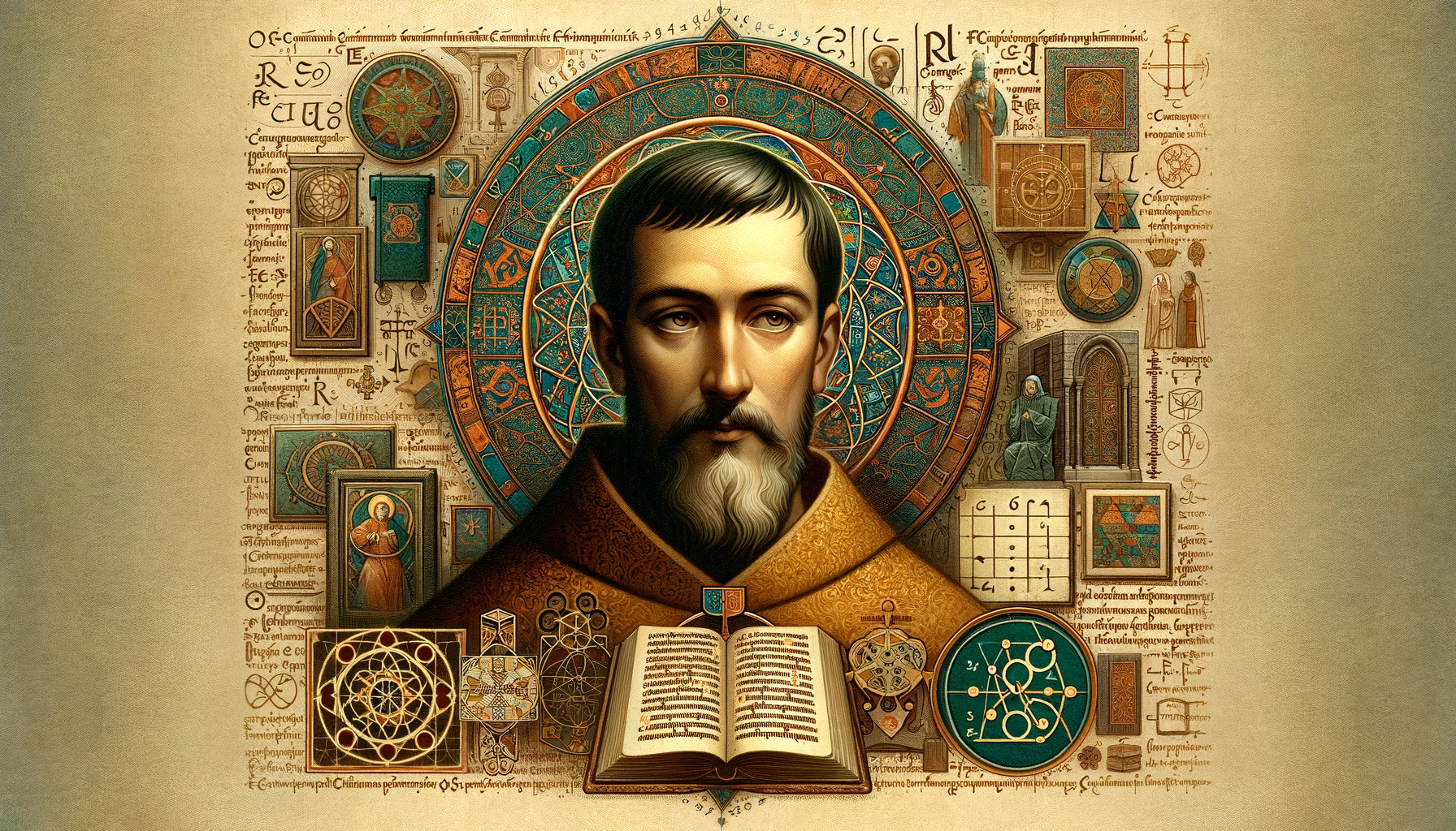 Image Featuring Ramon Llull. The Image Should Be Visually Captivating And Scholarly, Blending Elements Of Medieval History With Symbols
