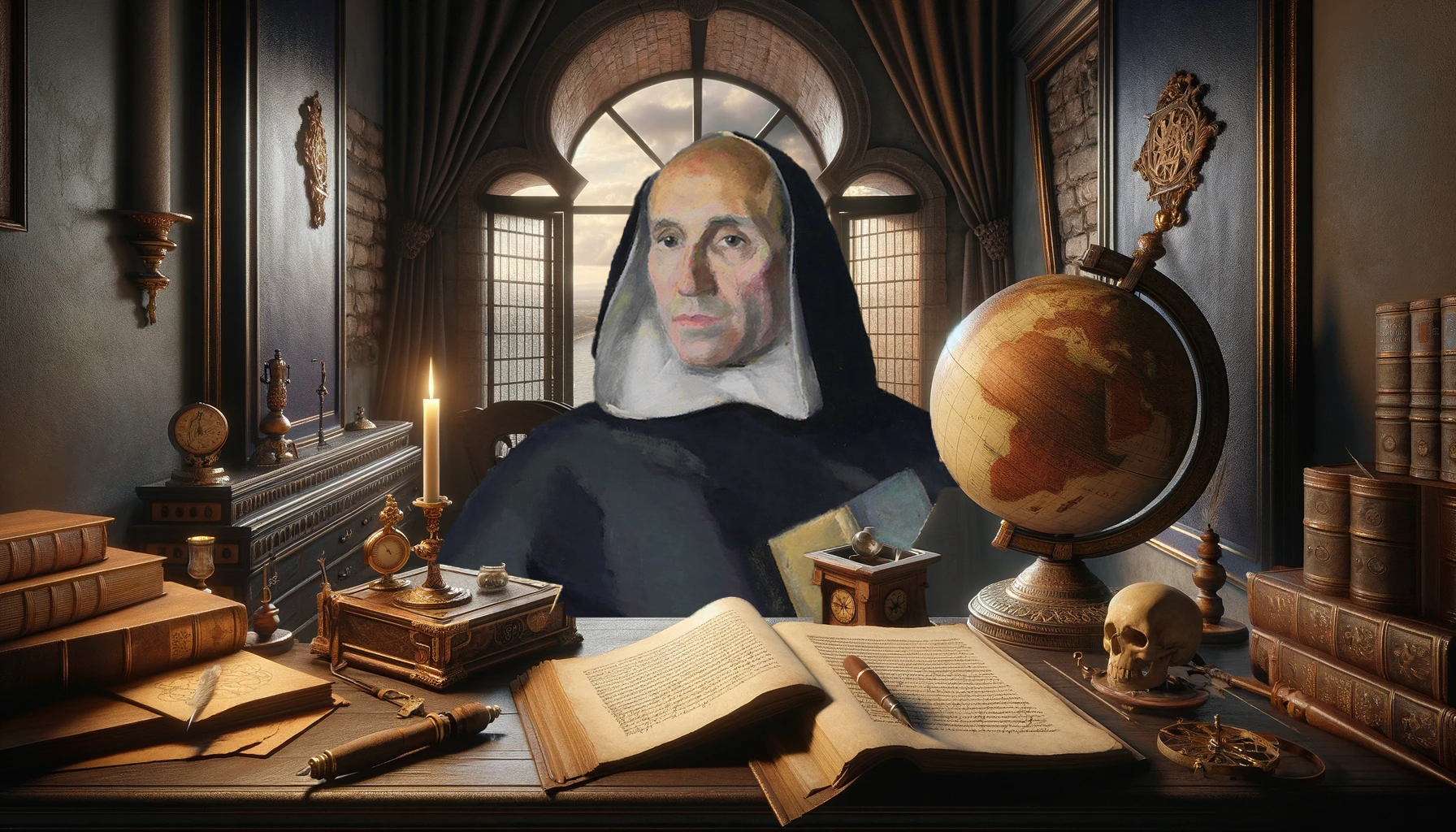 Dall·e A Renaissance Inspired Scene Representing Francisco De Vitoria's Life And Philosophy. The Foreground Shows An Elegant Study Room In A 16th Century Spa