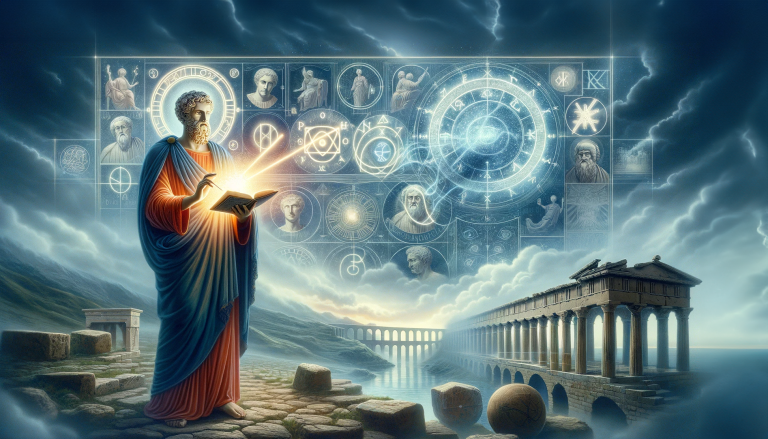 Dall·e A Conceptual Image Representing John Philoponus Challenging The Established Norms Of Aristotelian Philosophy. The Scene Shows An Ancient Alexandrian L