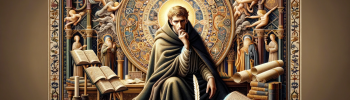 Dall·e A Medieval Tapestry Style Image Depicting Anselm Of Canterbury Deep In Thought, Surrounded By Symbols Of Philosophy And Theology. The Scene Is Set In