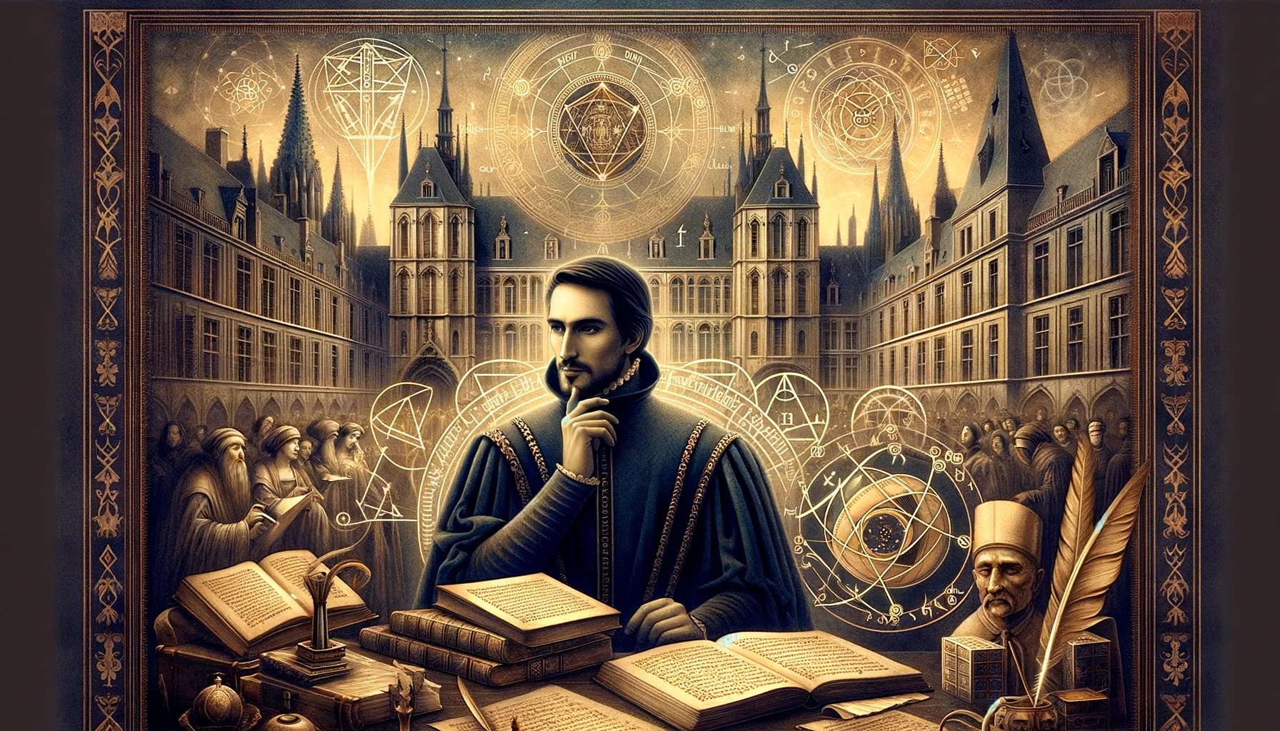 Dall·e A Medieval Themed Image Reflecting The Life And Philosophy Of Pierre Abelard. The Image Includes A Backdrop Of A Medieval University Setting In Paris,