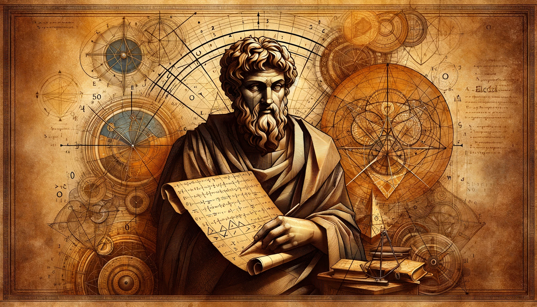 image, inspired by the legacy of Euclid. It visually represents his contributions to geometry and philosophy, capturing the essence of his intellectual legacy in a detailed and artistic manner