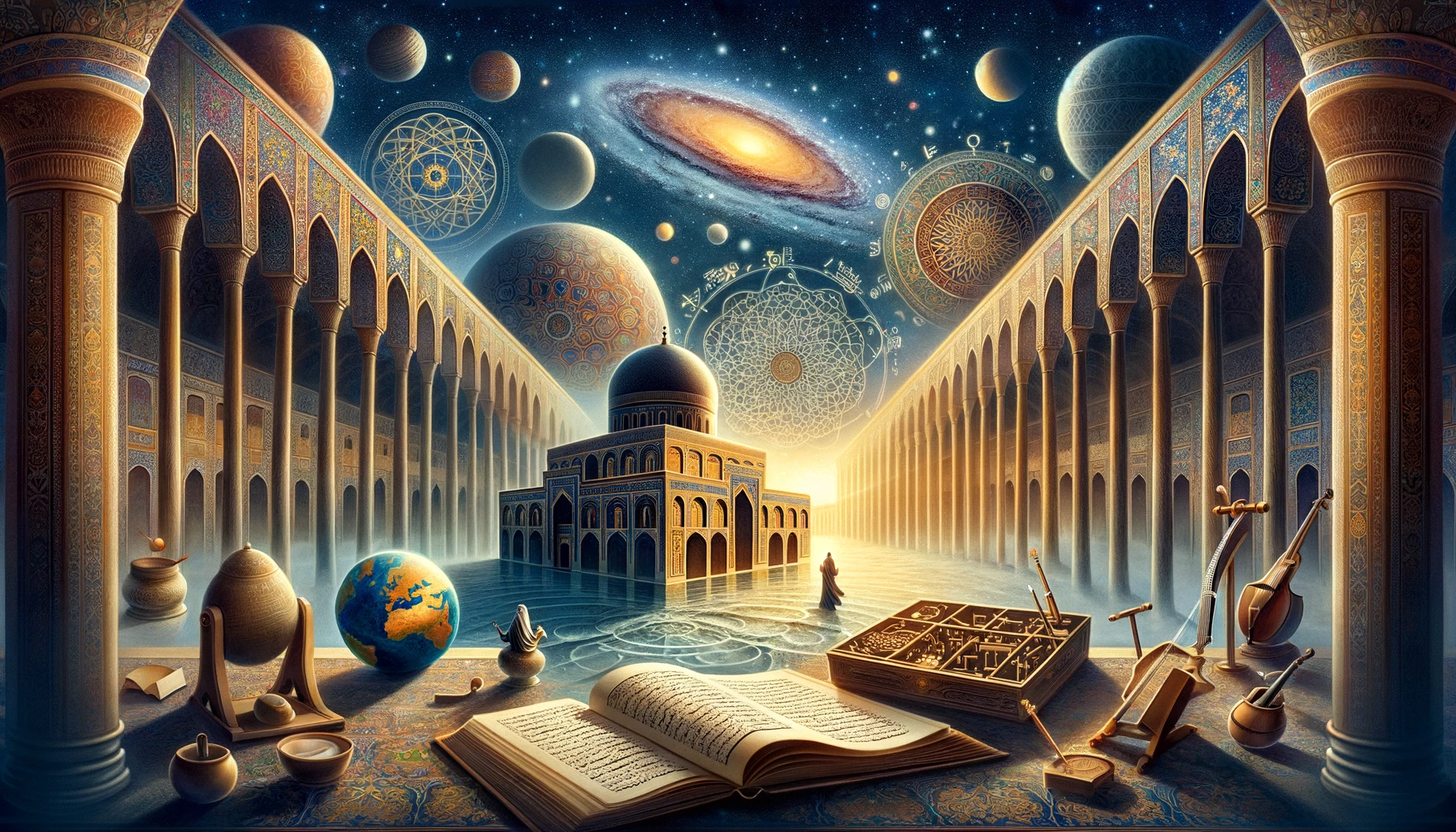 a panoramic visual representation of the blend between ancient Islamic and Greek philosophies, in line with the themes of Al-Farabi's intellectual journey and contributions