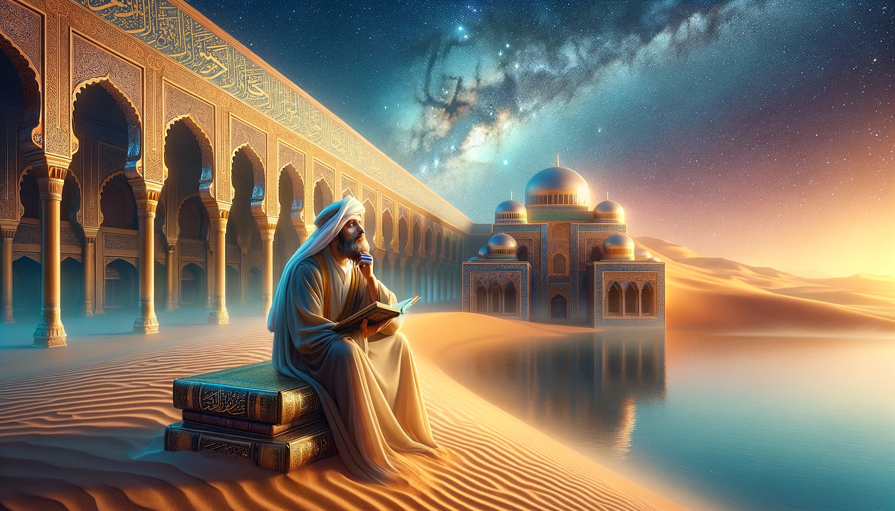 Dall·e A Serene And Thought Provoking Landscape That Captures The Essence Of Al Kindi's Philosophical Ideas, Incorporating Elements Of Classical Arabic Archi