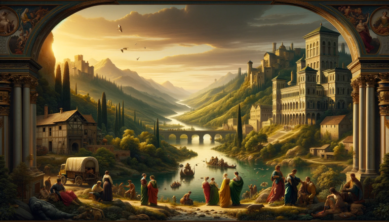 Dall·e Image Inspired By The Renaissance Period. The Image Features A Picturesque Landscape With A Serene River Flowing Through A Lush, Green V