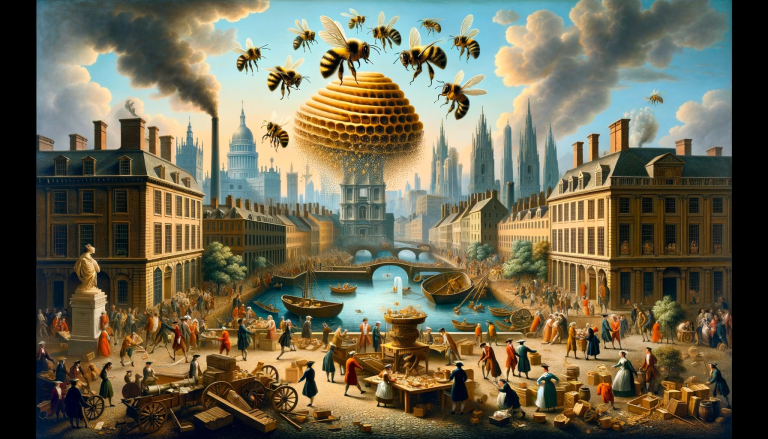 Dall·e 2024 01 07 01.15.59 A Conceptual Art Piece Representing Bernard Mandeville's Philosophy. The Image Should Include A Bustling 18th Century Cityscape, Symbolizing Economic