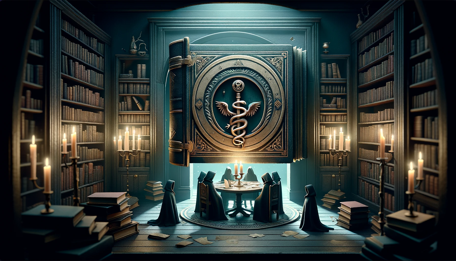 Dall·e 2024 01 27 10.33.13 A Whimsical And Secretive 16 9 Header Image Inspired By A Chat About Forming A Secret Society. The Scene Features An Old, Dimly Lit Library With A Hid