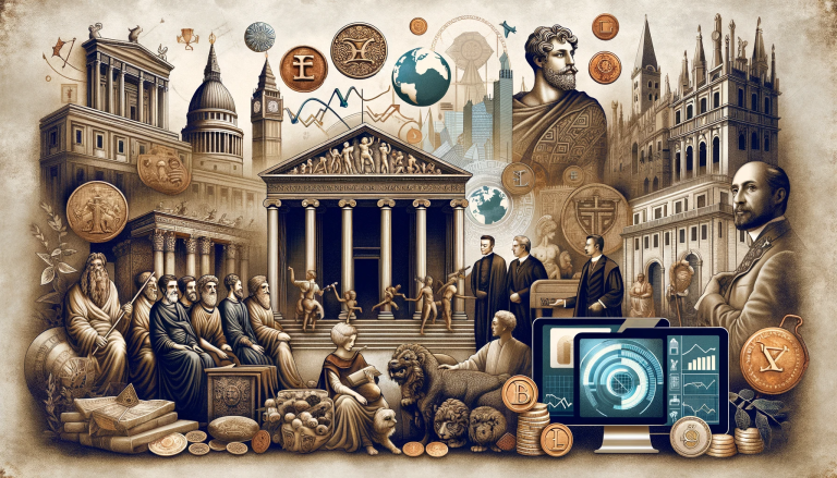 Dall·e A Collage Representing The History Of Banking Through Different Eras. The Left Side Depicts Ancient Mesopotamia With Temples
