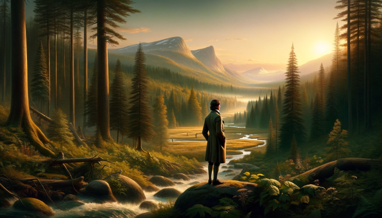 Dall·e A Serene And Contemplative Landscape Inspired By Ralph Waldo Emerson's Philosophy, Emphasizing Themes Of Nature, Transcendentalism, And Individualism