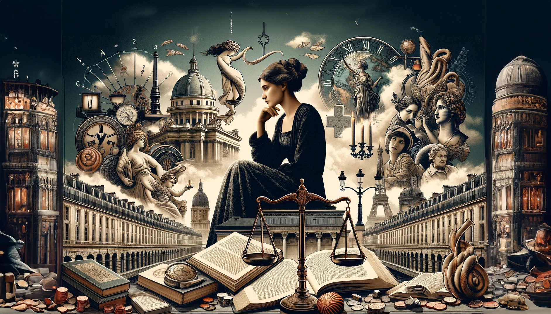 Image inspired by the themes of Simone de Beauvoir's work. This visual captures the essence of existential inquiry, feminist empowerment, and the philosophical exploration of identity and freedom, set against a backdrop that nods to Beauvoir's Parisian connections and intellectual legacy.