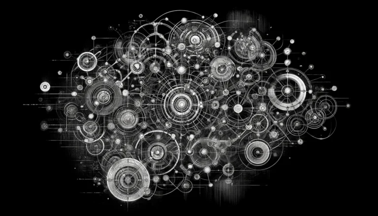 Black and white sketch inspired by Niklas Luhmann's philosophies, depicting the complexity and interconnectivity of social systems as envisioned through his systems theory.