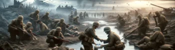 Image, capturing the ethics of war through a powerful scene of humanity and compassion on the battlefield