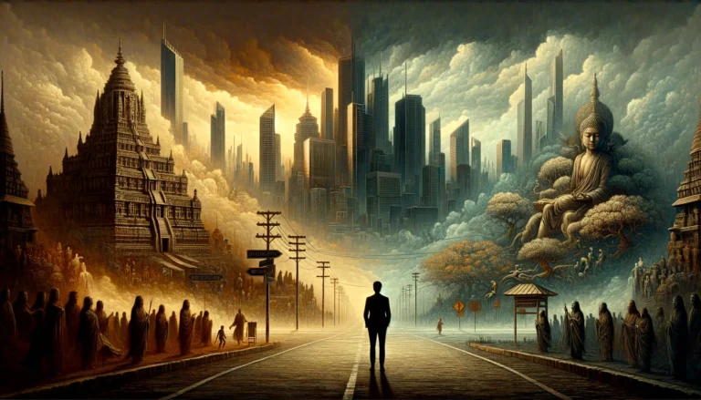 Image inspired by the philosophical journey of Marcel Gauchet. It visually captures the key elements of his work, exploring the contrasts between modernity and tradition, and the deep contemplation of democracy and individualism.