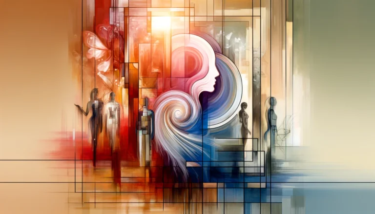Image inspired by the philosophical works of Judith Butler. It visually represents themes of intersecting identities and the dynamics of gender and power, capturing the essence of fluidity and complexity in human identities.