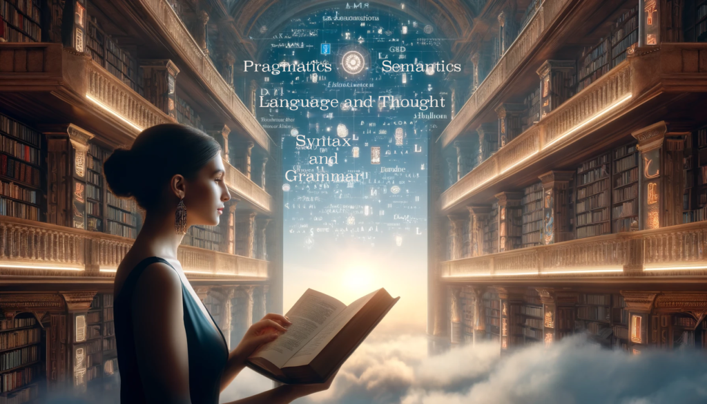 a woman engrossed in a book on "Language and Linguistics" within a grand library that opens to a sky filled with text