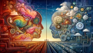 An image inspired by the philosophies of John Searle. It visually represents the intersection of mind, language, and reality, exploring the nuanced contrast between human consciousness and artificial intelligence, as well as the role of language as both a connector and divider in understanding and intentionality.