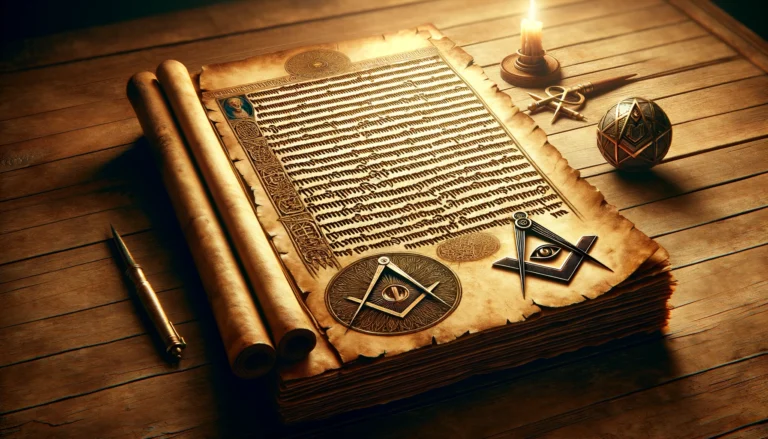 Image captures the essence of the Regius Manuscript, with aged parchment, Middle English script, and Freemasonry symbols