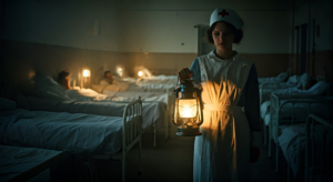 Florence Nightingale carrying a lamp through the ward at night