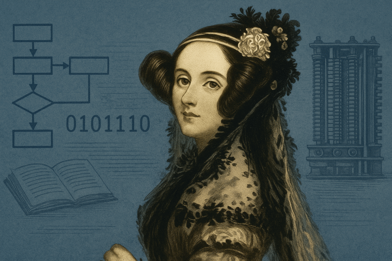 Ada Lovelace portrait with logic gate symbols suggested in the background