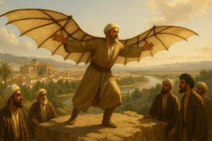 Ibn Firnas on a cliff or high platform overlooking Córdoba - About to fly!