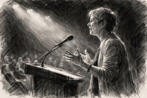 Luce Irigaray lecturing portrait