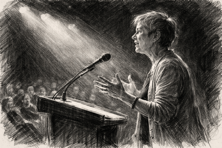 Luce Irigaray lecturing portrait