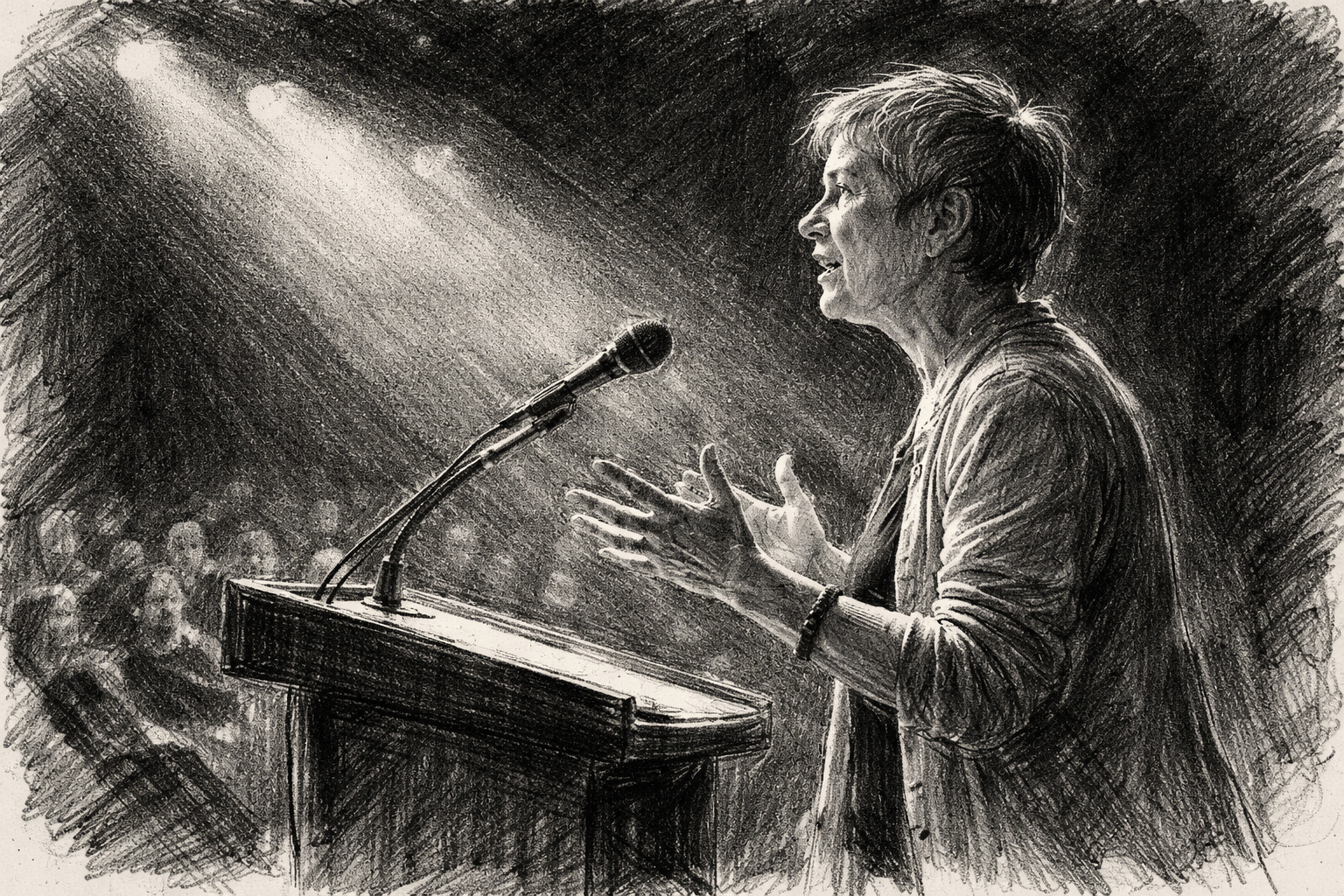 Luce Irigaray lecturing portrait