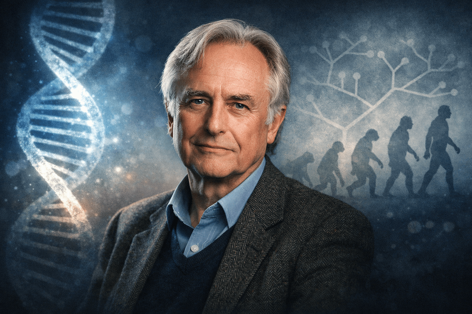 Portrait of Richard Dawkins agains imagery of human evolution